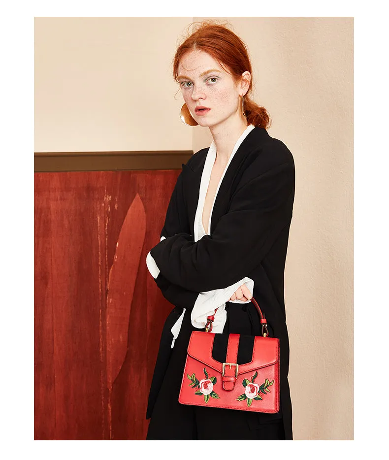 LAFESTIN BUCKLE SHOULDER BAG WITH FLORAL PATCHING 618993