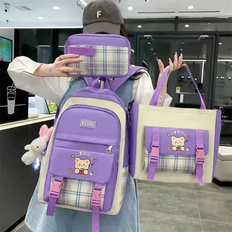 Large Capacity High School Plaid Three-piece Set Junior High School Student Elementary School Studebt Backpack