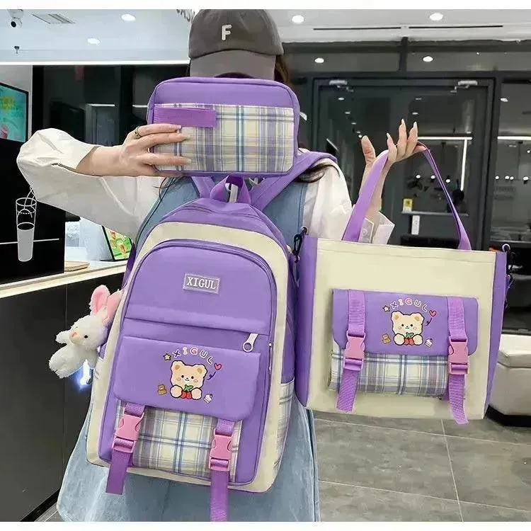 Large Capacity High School Plaid Three-piece Set Junior High School Student Elementary School Studebt Backpack