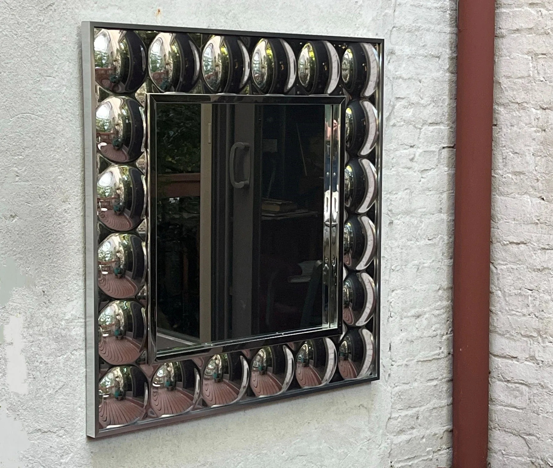 Large Square Pop Art Chrome Bubble Mirror in the Style of Verner Panton