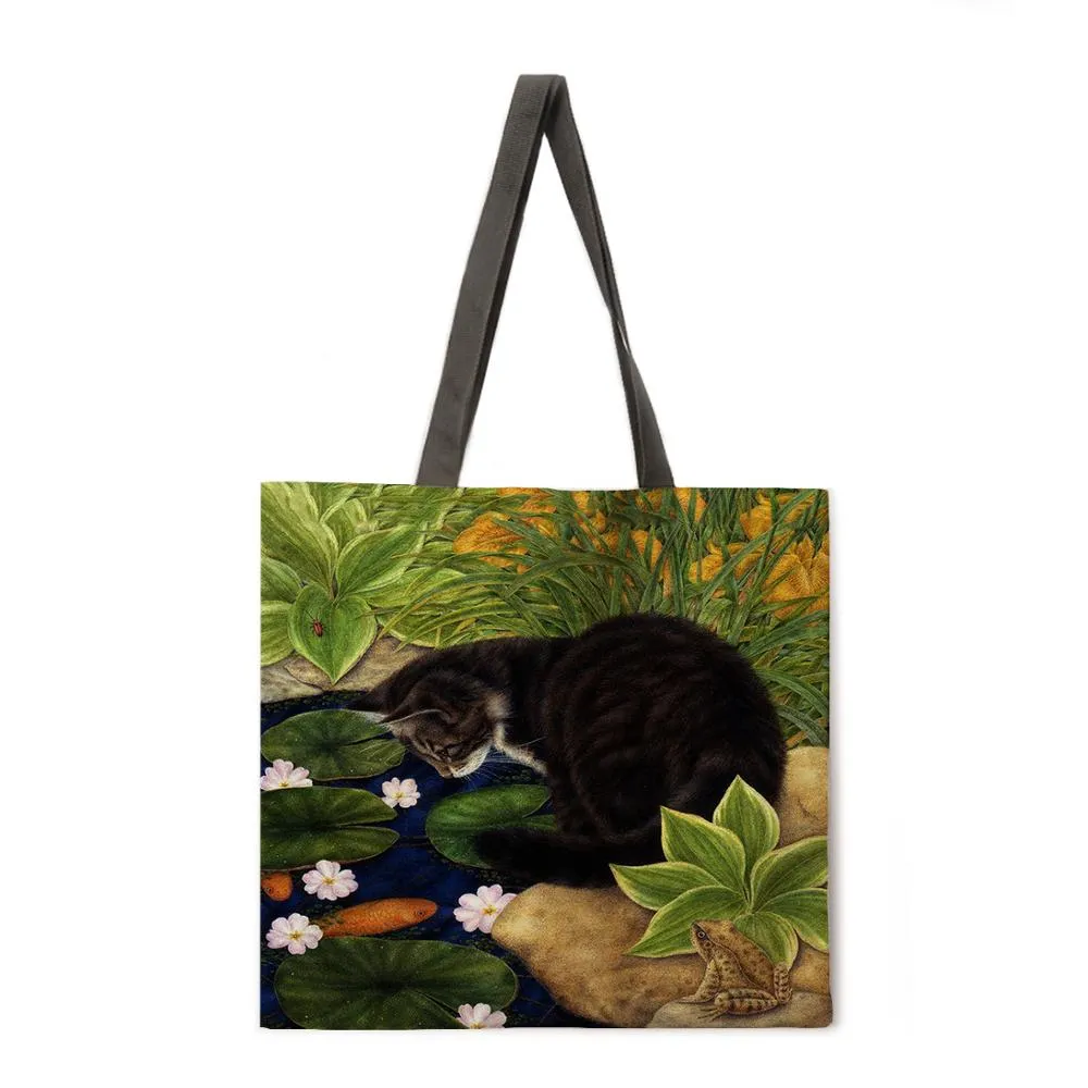 Lazy Cat Linen Shopping Bag Ladies Shoulder Bag Foldable Shopping Bag Fashion Beach Bag Handbag