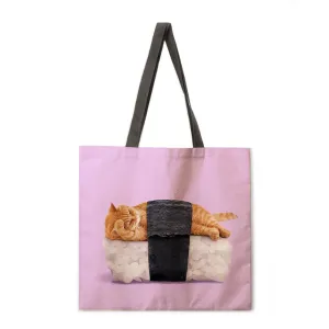 Lazy Cat Linen Shopping Bag Ladies Shoulder Bag Foldable Shopping Bag Fashion Beach Bag Handbag
