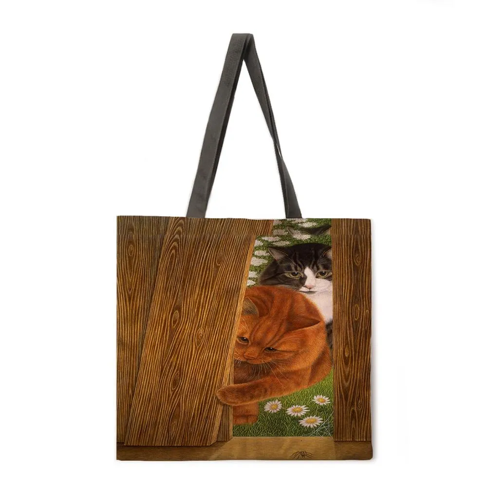 Lazy Cat Linen Shopping Bag Ladies Shoulder Bag Foldable Shopping Bag Fashion Beach Bag Handbag