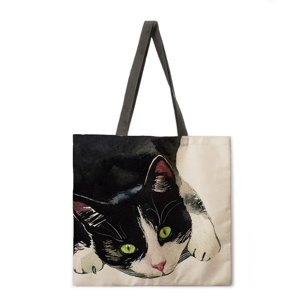 Lazy Cat Linen Shopping Bag Ladies Shoulder Bag Foldable Shopping Bag Fashion Beach Bag Handbag