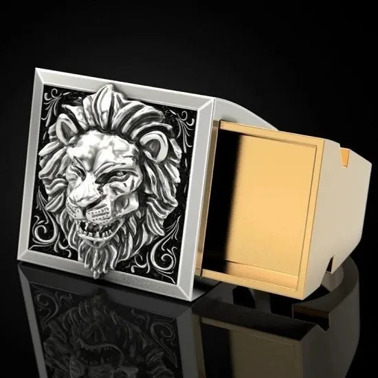 Luxury  Classic Lion Head Men's Ring Fashion Gold and Siver with Secret Storage Compartment