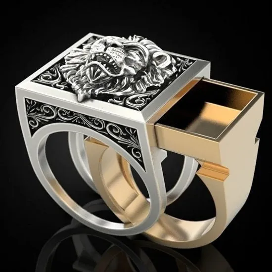 Luxury  Classic Lion Head Men's Ring Fashion Gold and Siver with Secret Storage Compartment