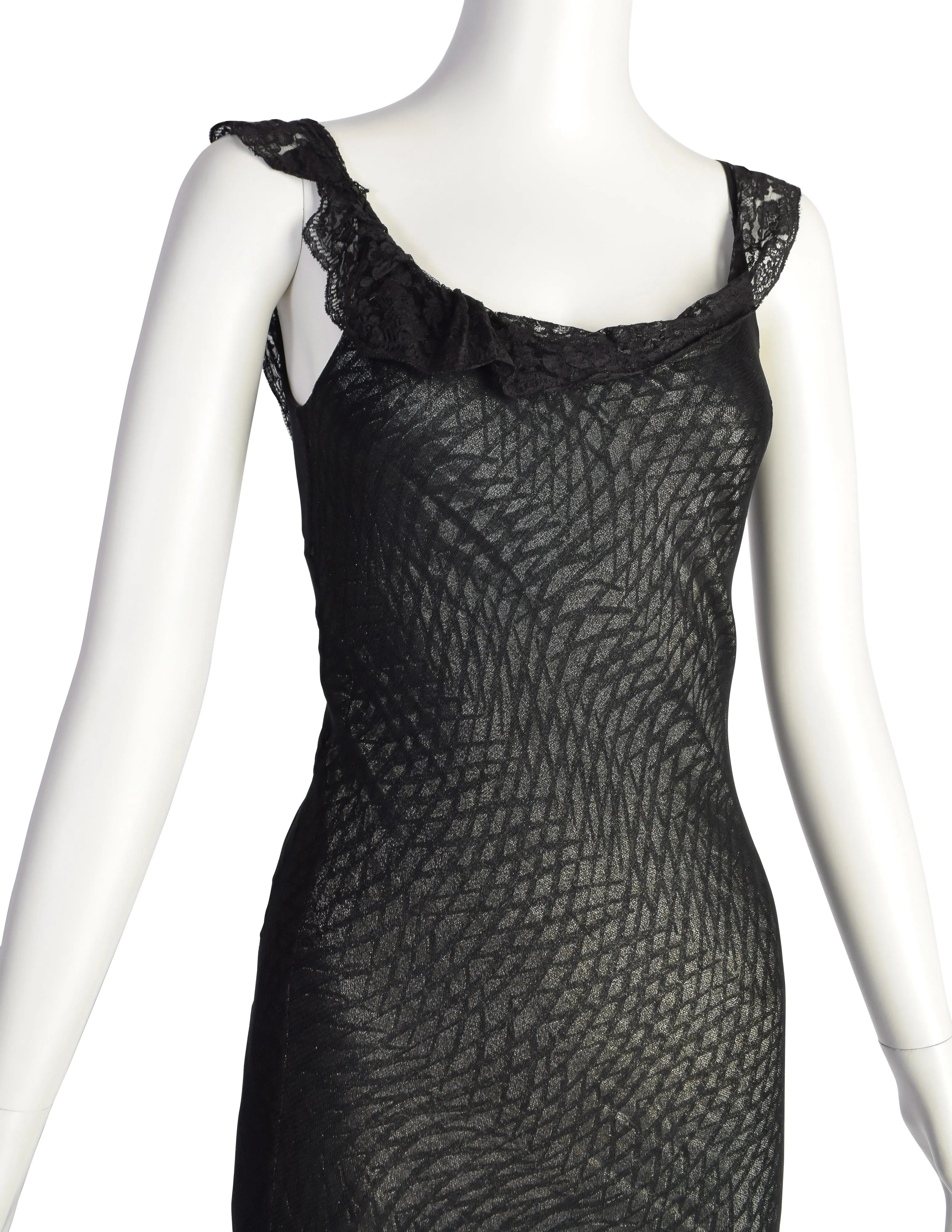 Marc Le Bihan Vintage Black Silk Mesh Metallic Lame Bias Gown with Train