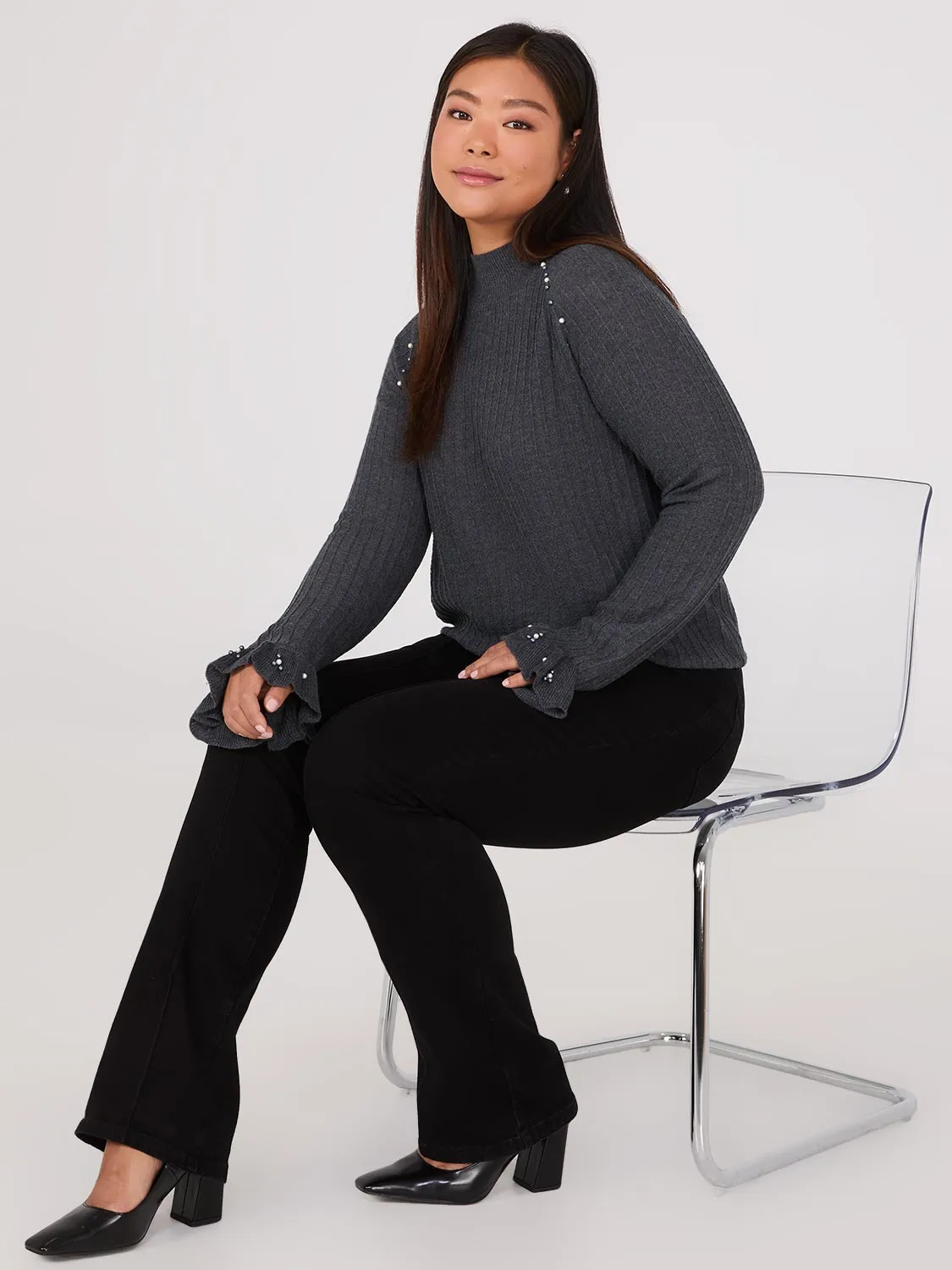 Mock Neck Sweater With Pearl Details