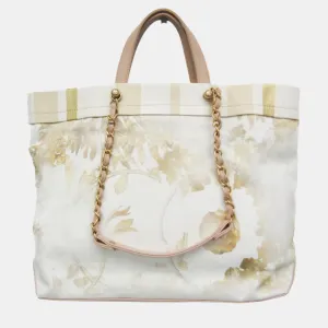 Multicolor Canvas and Leather Floral Shopping Tote Bag