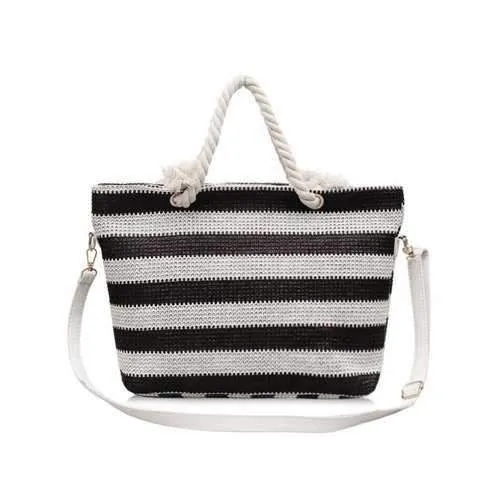 Naval Style Striped Straw Tote Bag - Coffee