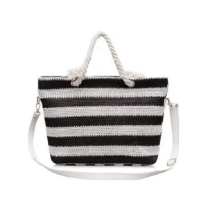 Naval Style Striped Straw Tote Bag - Coffee