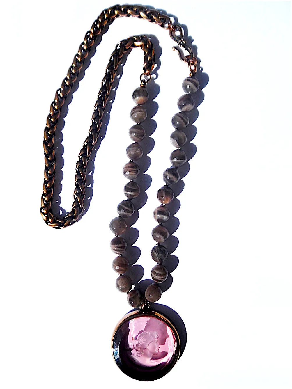 Necklace Intaglio Faceted Glass Beads and Mesh Rope Chain