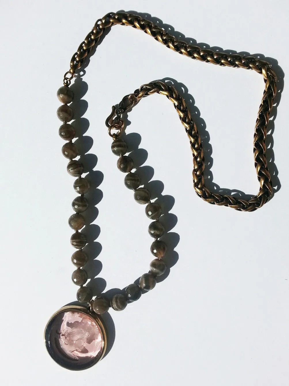 Necklace Intaglio Faceted Glass Beads and Mesh Rope Chain