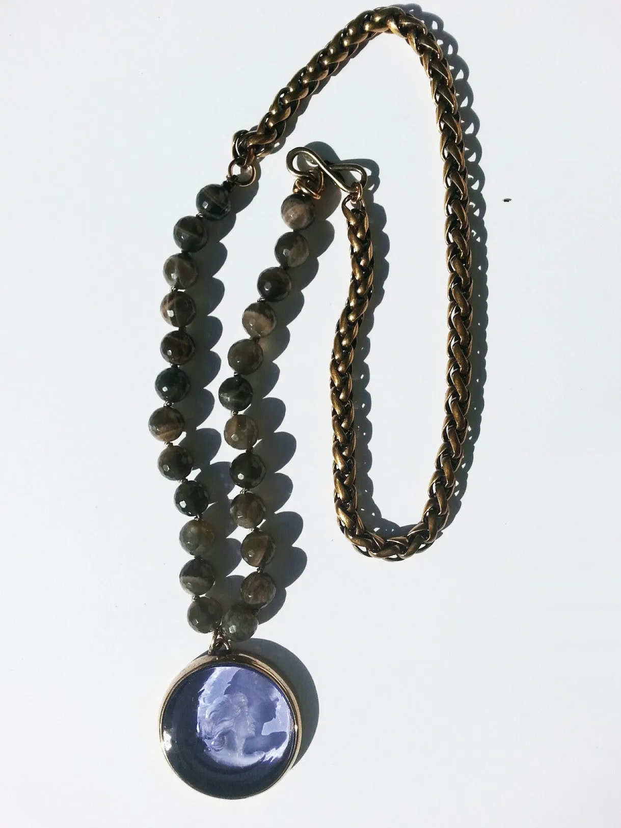 Necklace Intaglio Faceted Glass Beads and Mesh Rope Chain