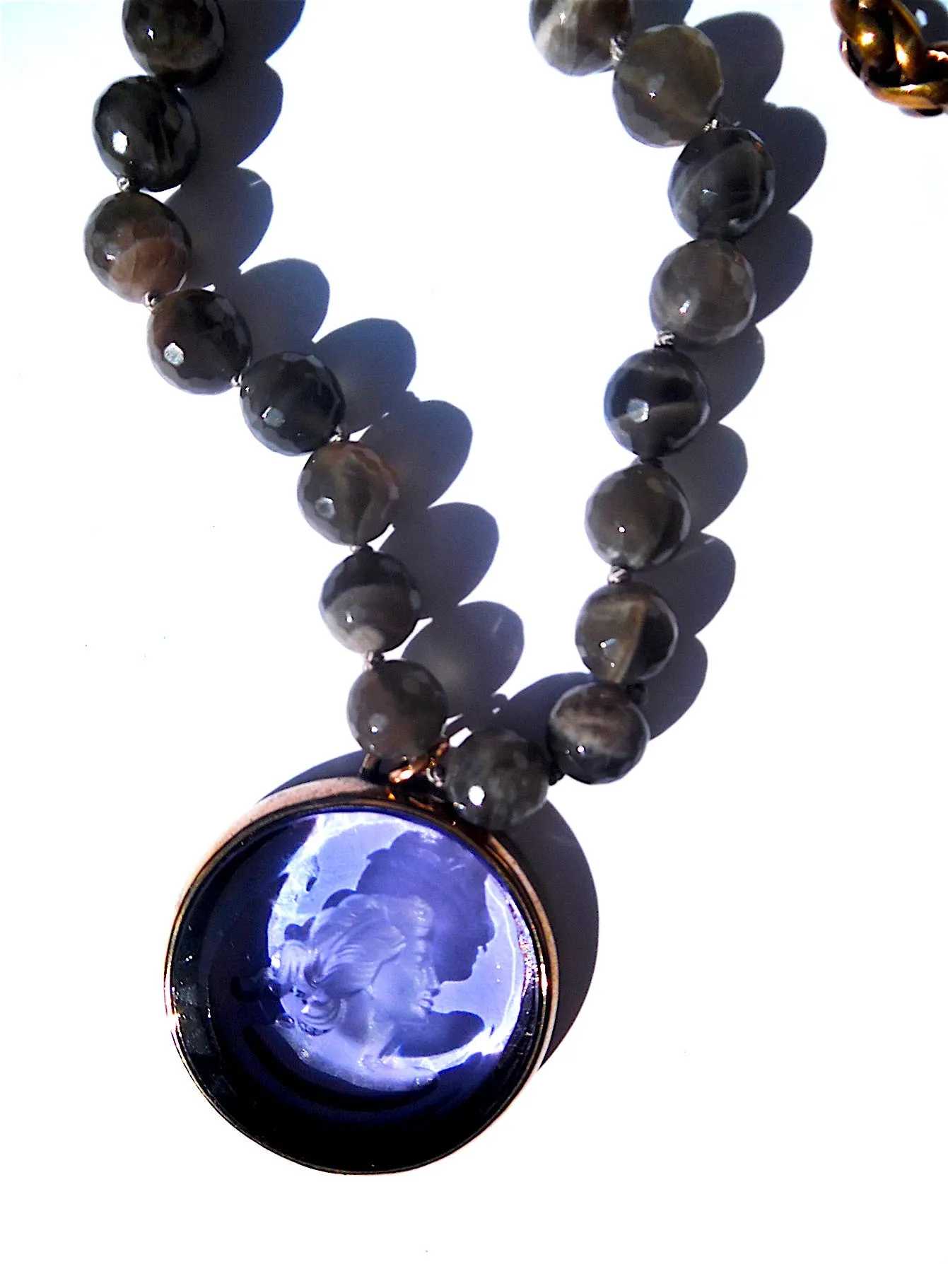 Necklace Intaglio Faceted Glass Beads and Mesh Rope Chain