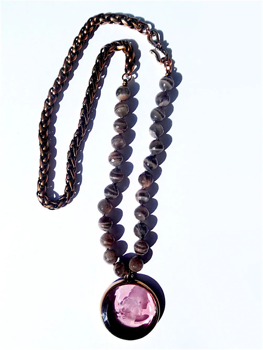 Necklace Intaglio Faceted Glass Beads and Mesh Rope Chain