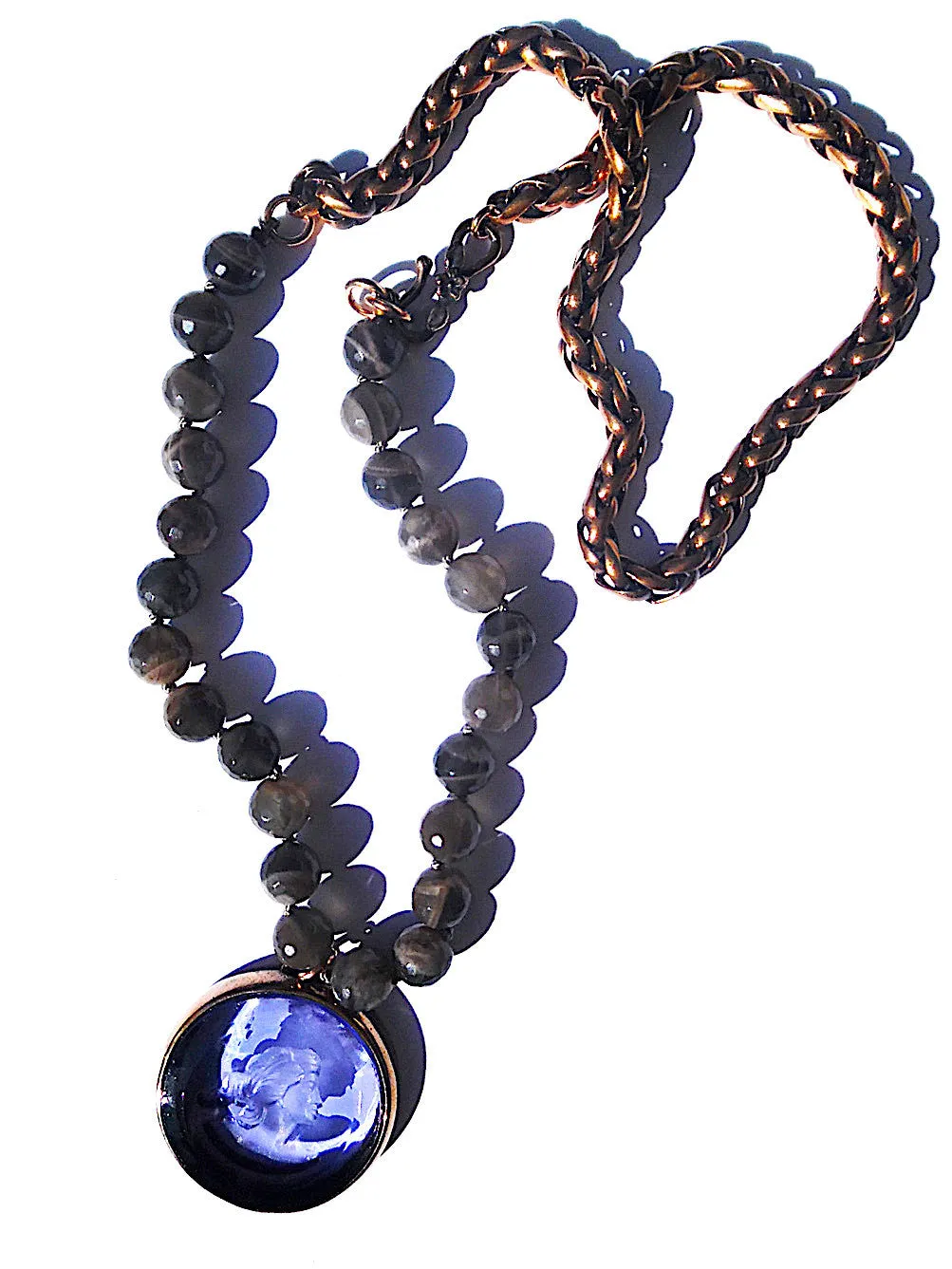 Necklace Intaglio Faceted Glass Beads and Mesh Rope Chain
