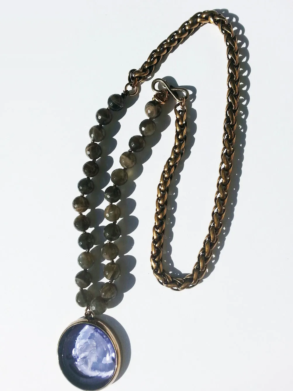 Necklace Intaglio Faceted Glass Beads and Mesh Rope Chain