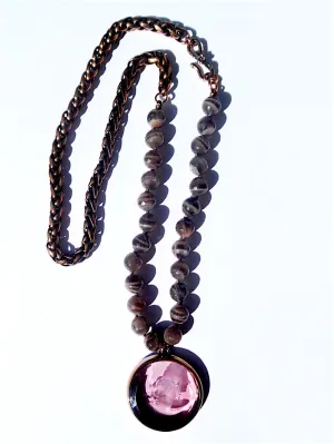 Necklace Intaglio Faceted Glass Beads and Mesh Rope Chain