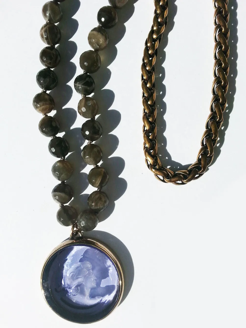 Necklace Intaglio Faceted Glass Beads and Mesh Rope Chain