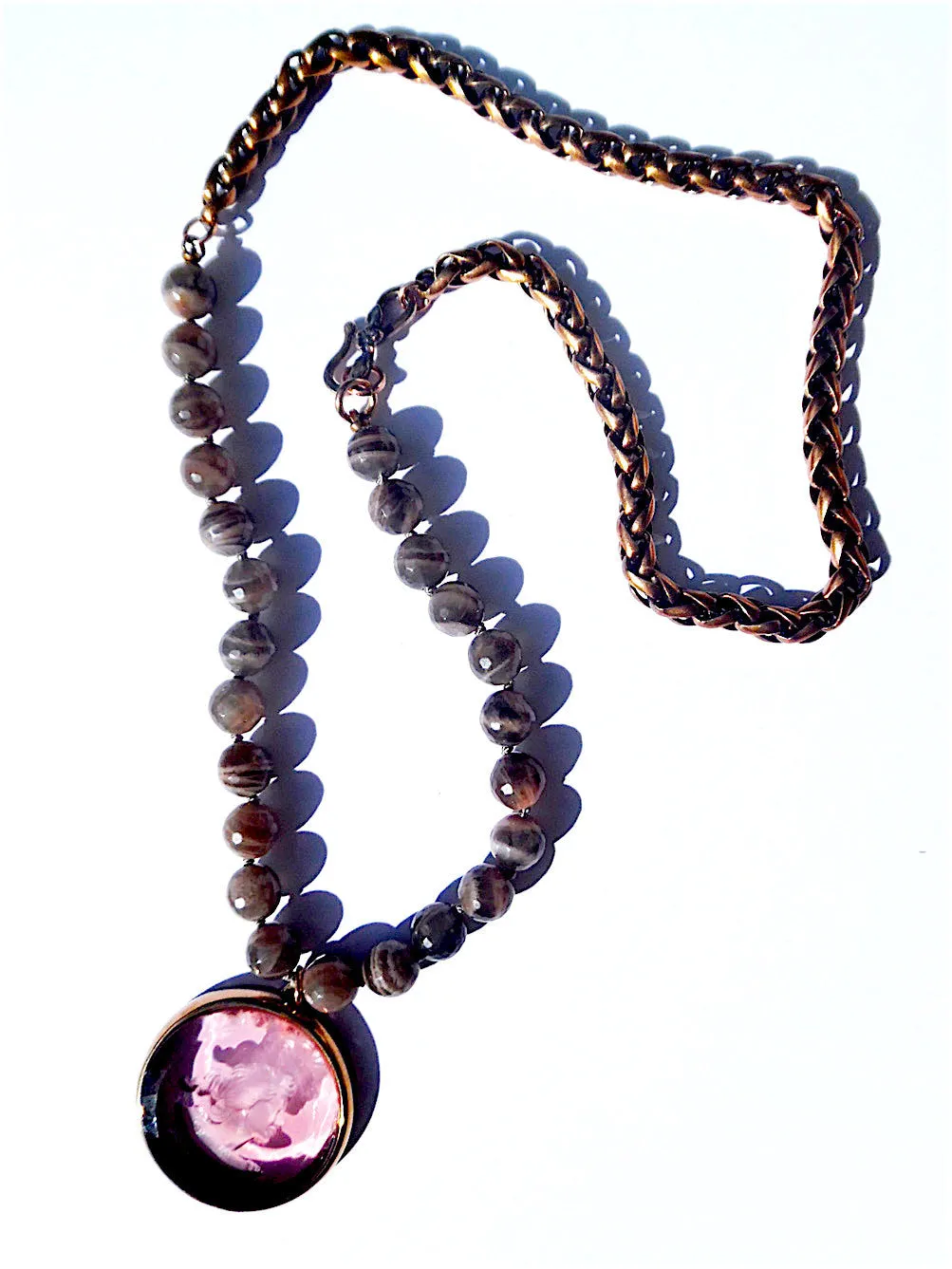 Necklace Intaglio Faceted Glass Beads and Mesh Rope Chain