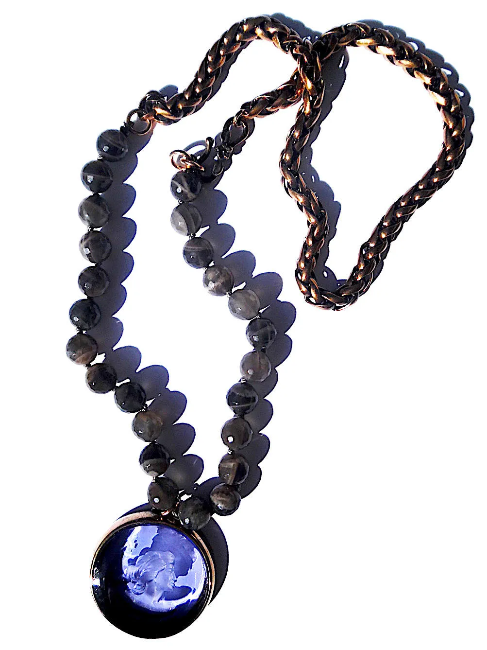 Necklace Intaglio Faceted Glass Beads and Mesh Rope Chain