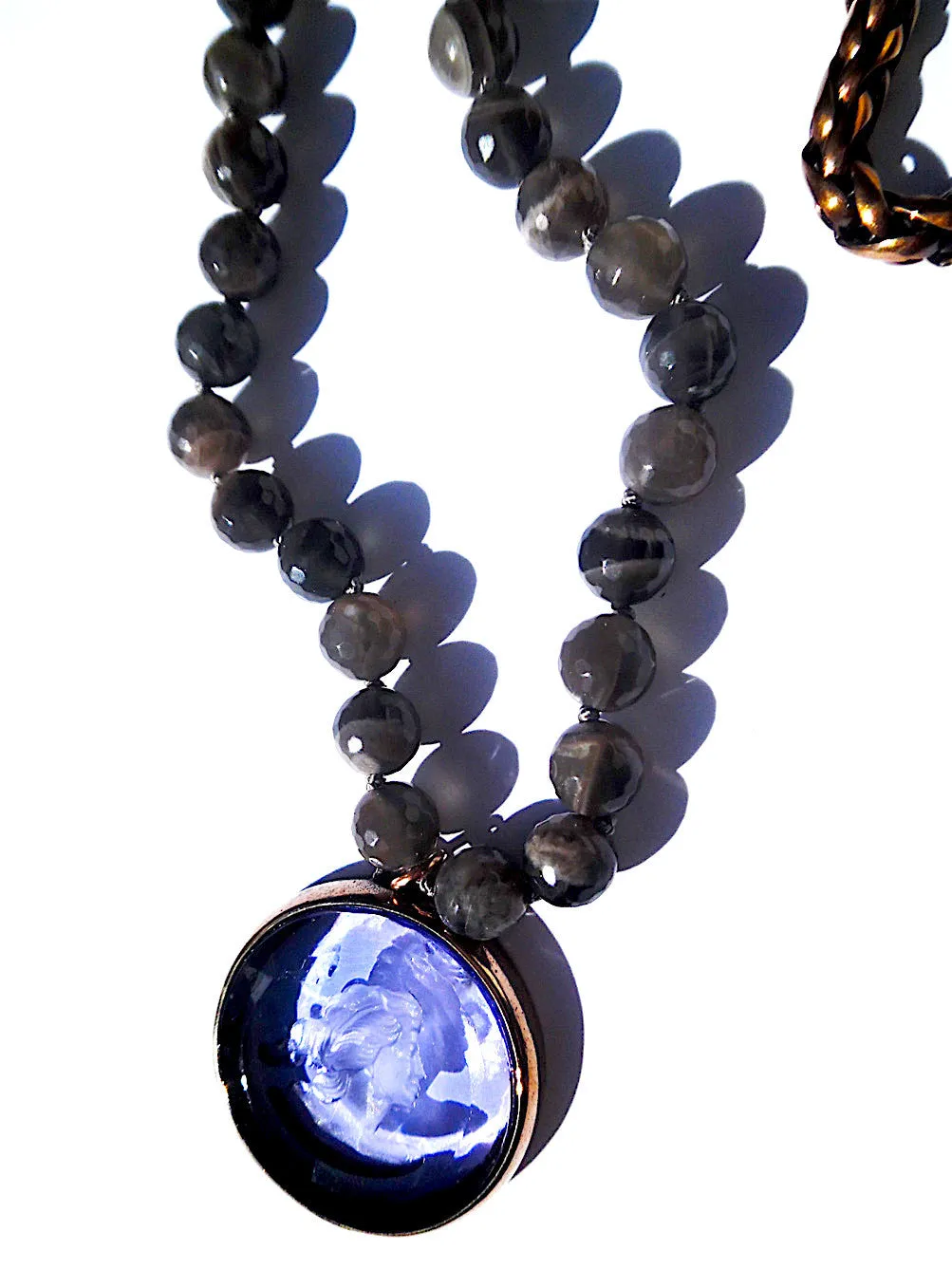 Necklace Intaglio Faceted Glass Beads and Mesh Rope Chain