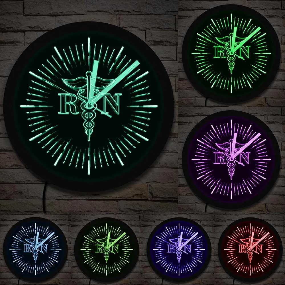 Nurse Luminous Caduceus Logo Wall Clock RN Nursing and Medical Neon Sign Wall Clock Vintage Design Illuminated Watch