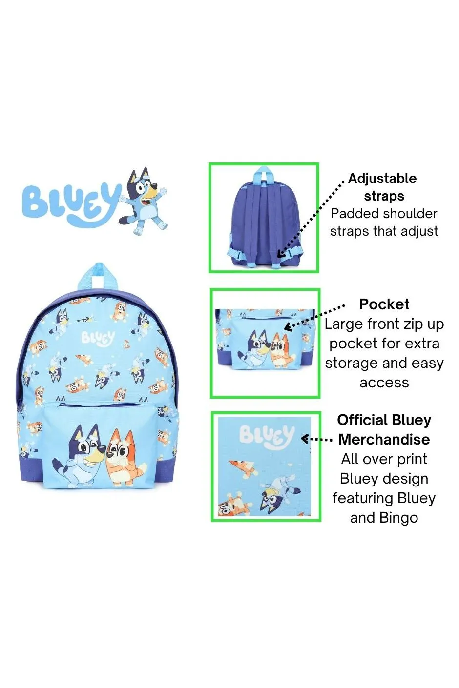 Official Bluey And Bingo Children's Backpack, Kids Backpack, Schoolbag, Rucksack Blue