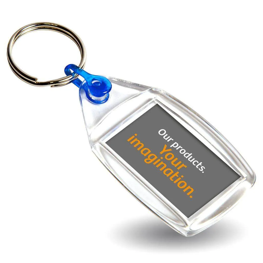 P502 Rectangular Blank Plastic Photo Insert Keyring with Coloured Connector - 35 x 24mm - Pack of 50