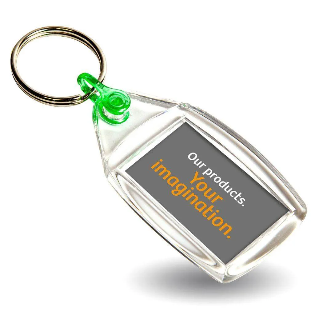 P502 Rectangular Blank Plastic Photo Insert Keyring with Coloured Connector - 35 x 24mm - Pack of 50