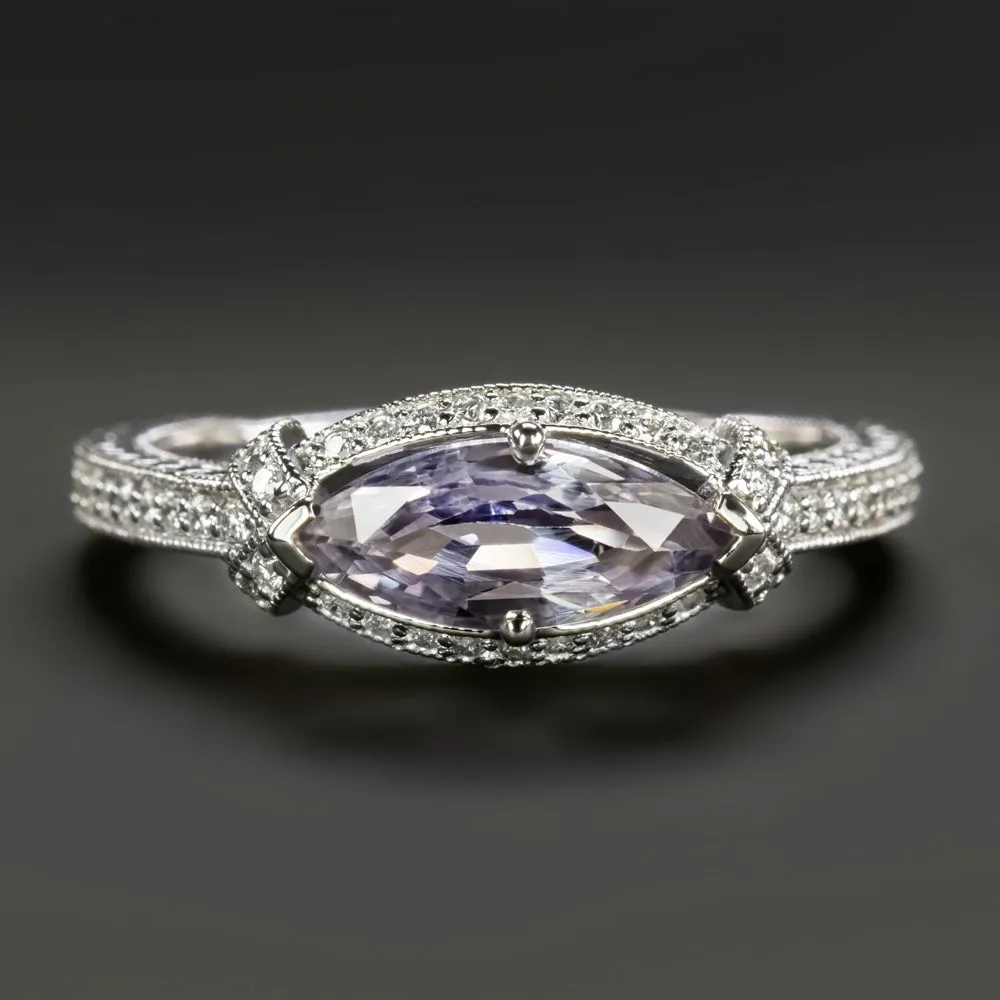 PURPLE SAPPHIRE DIAMOND VINTAGE STYLE RING MARQUISE SHAPE EAST WEST WHITE GOLD