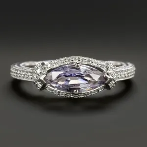 PURPLE SAPPHIRE DIAMOND VINTAGE STYLE RING MARQUISE SHAPE EAST WEST WHITE GOLD