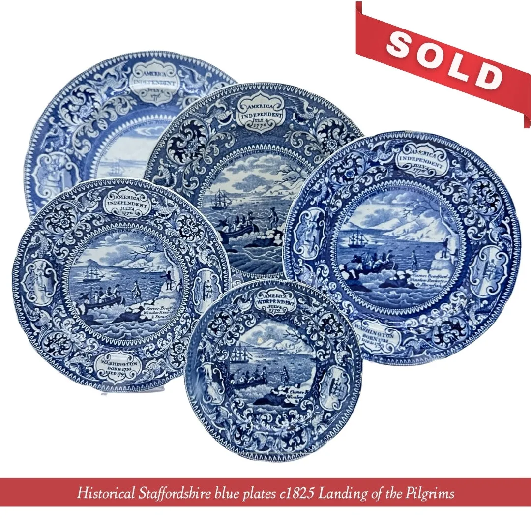 "Landing of the Pilgrims" — Historical Staffordshire blue plates c1825
