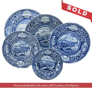 "Landing of the Pilgrims" — Historical Staffordshire blue plates c1825