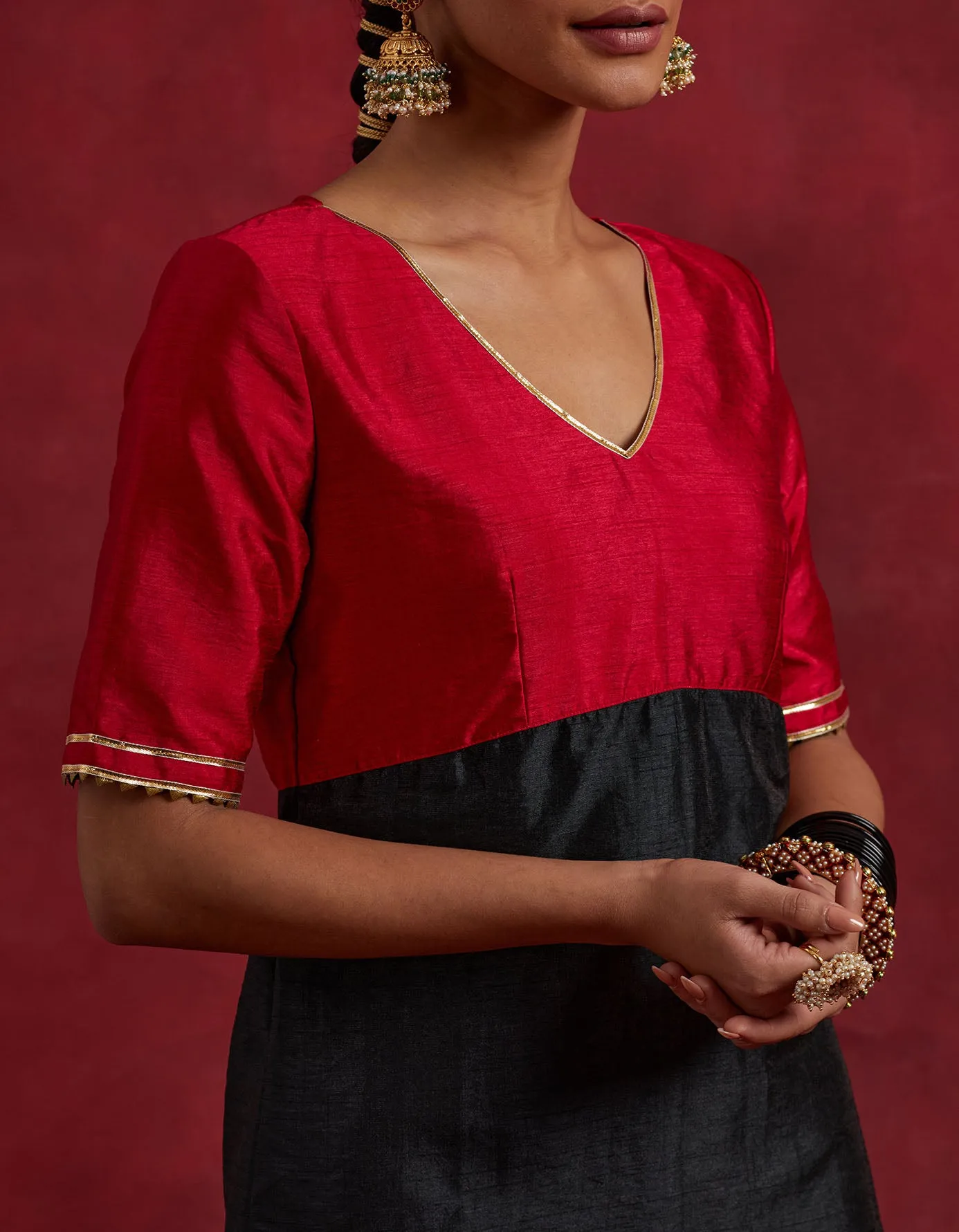 Red Black Raw Silk Sadhna Kurta Set (Set Of 3)