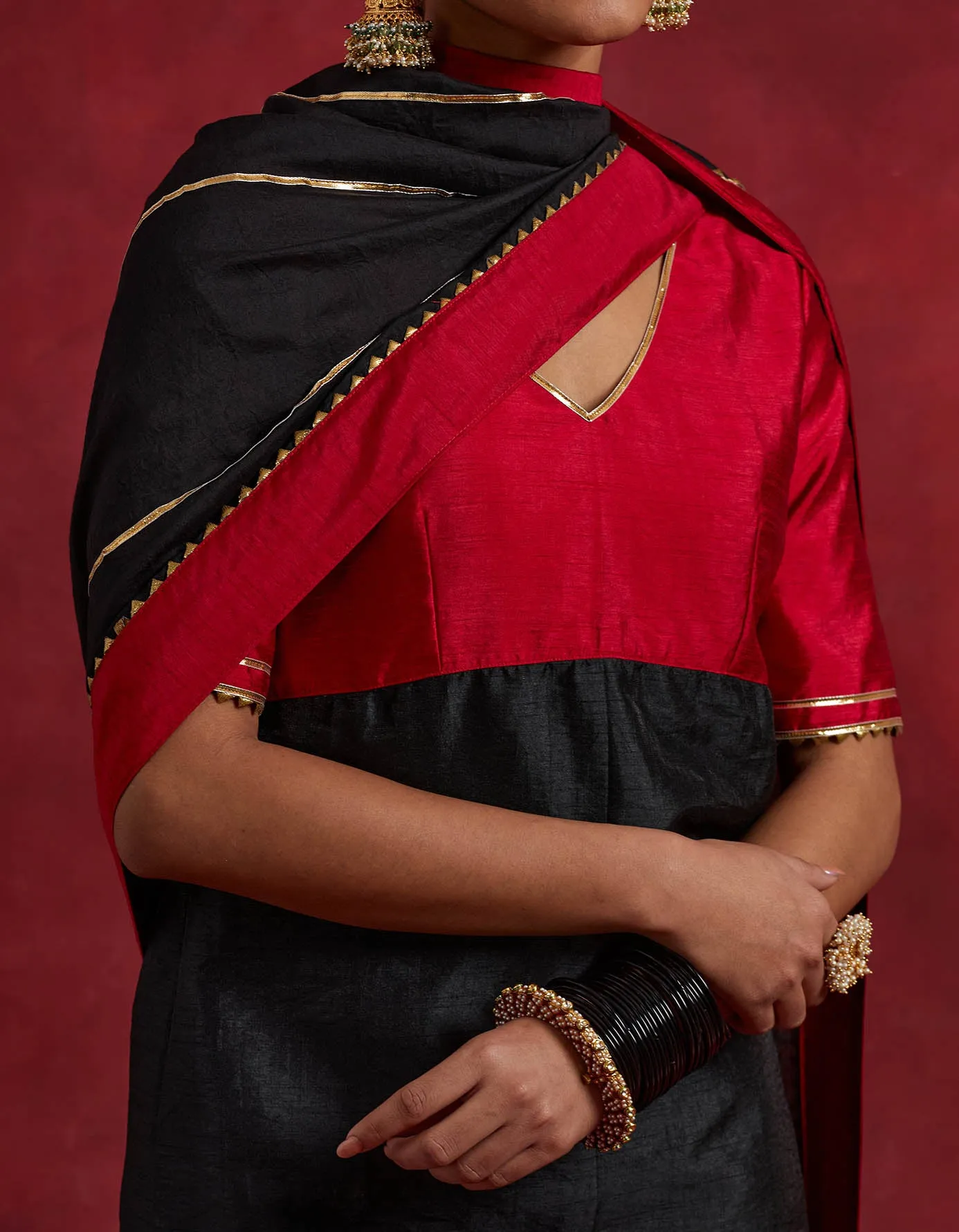 Red Black Raw Silk Sadhna Kurta Set (Set Of 3)