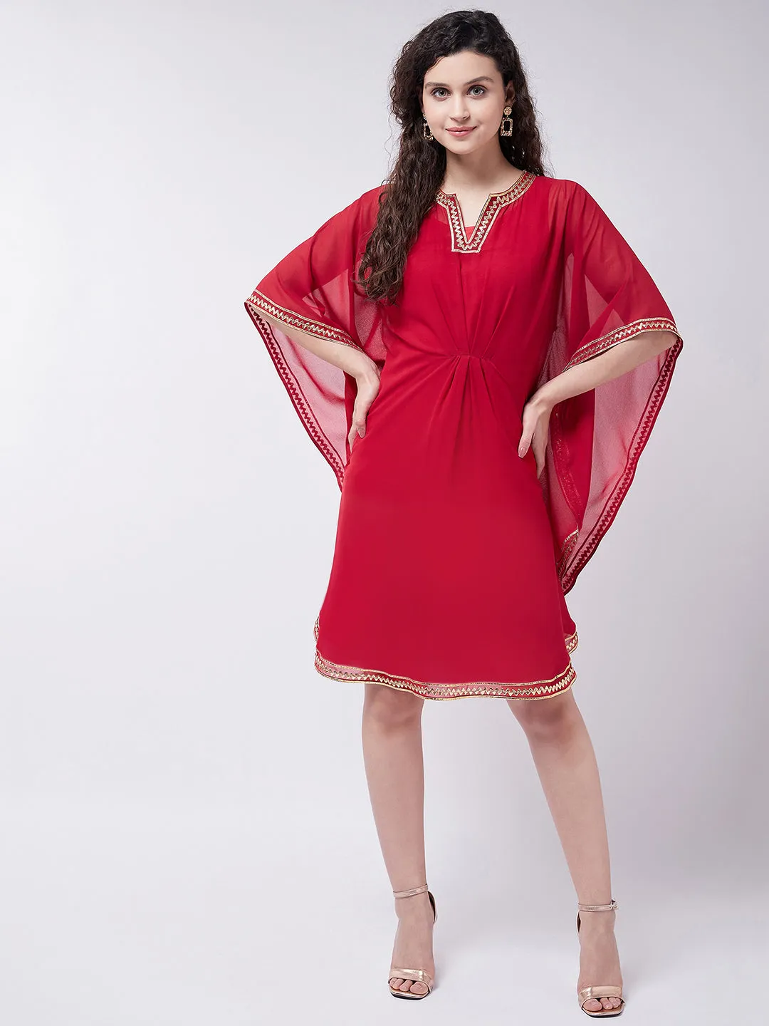 Red Kaftan Dress With Lace Details