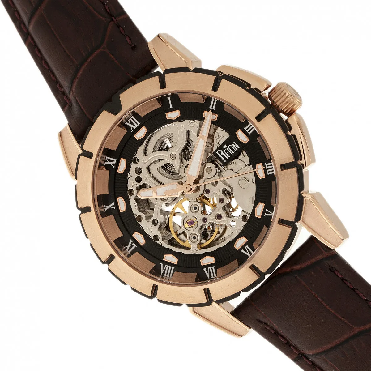 Reign Philippe Automatic Skeleton Leather-Band Watch - Rose Gold/Black