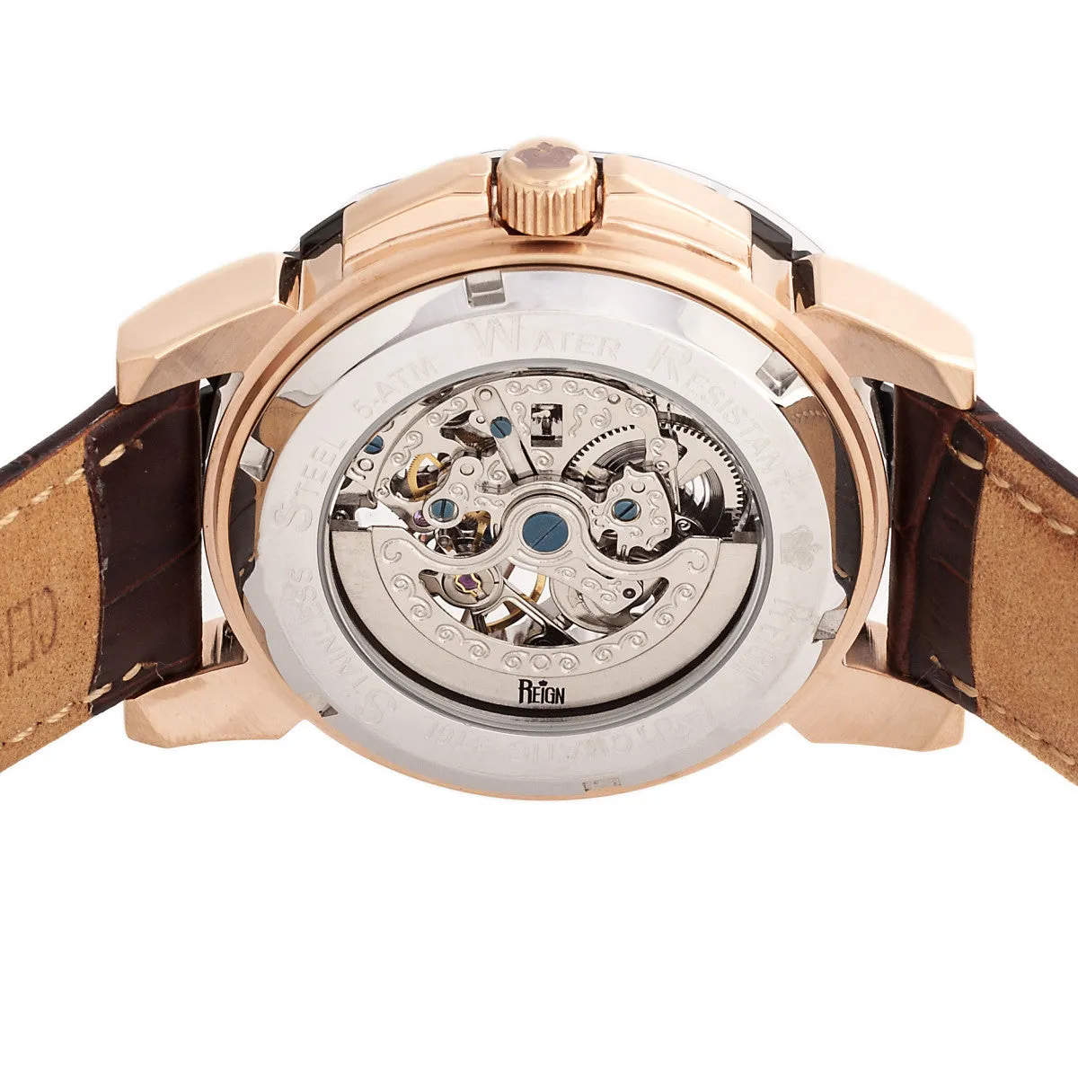 Reign Philippe Automatic Skeleton Leather-Band Watch - Rose Gold/Black