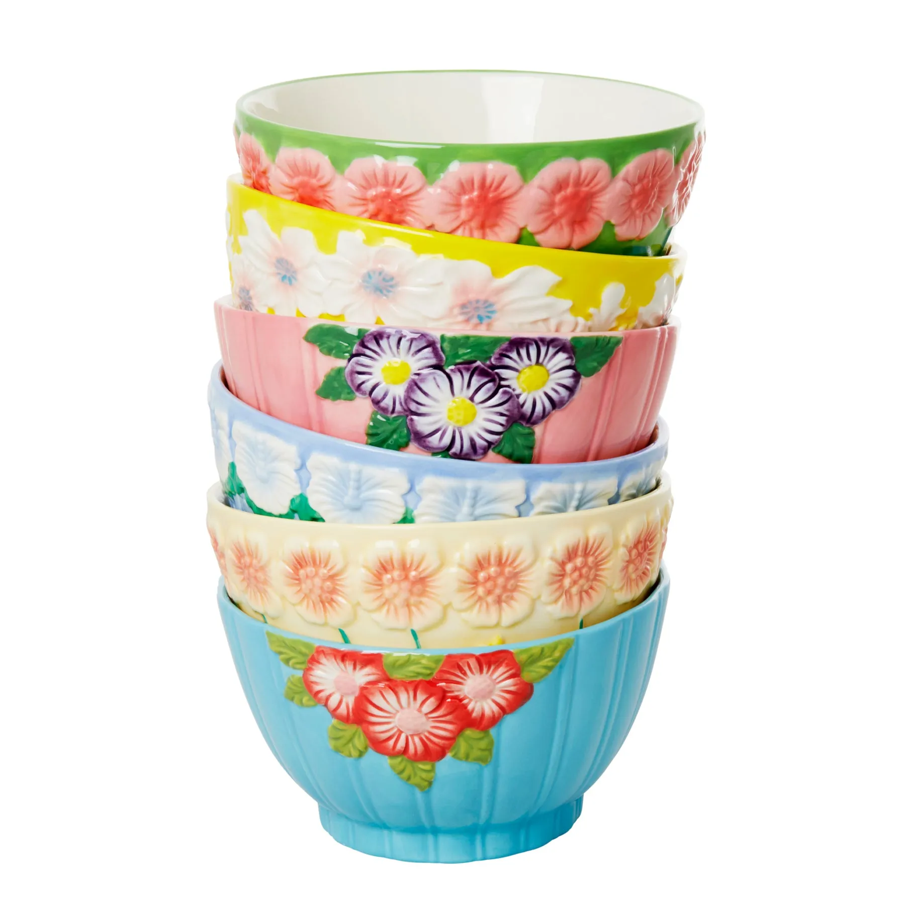 Rice DK Ceramic Bowl with Embossed Flower Design - Blue