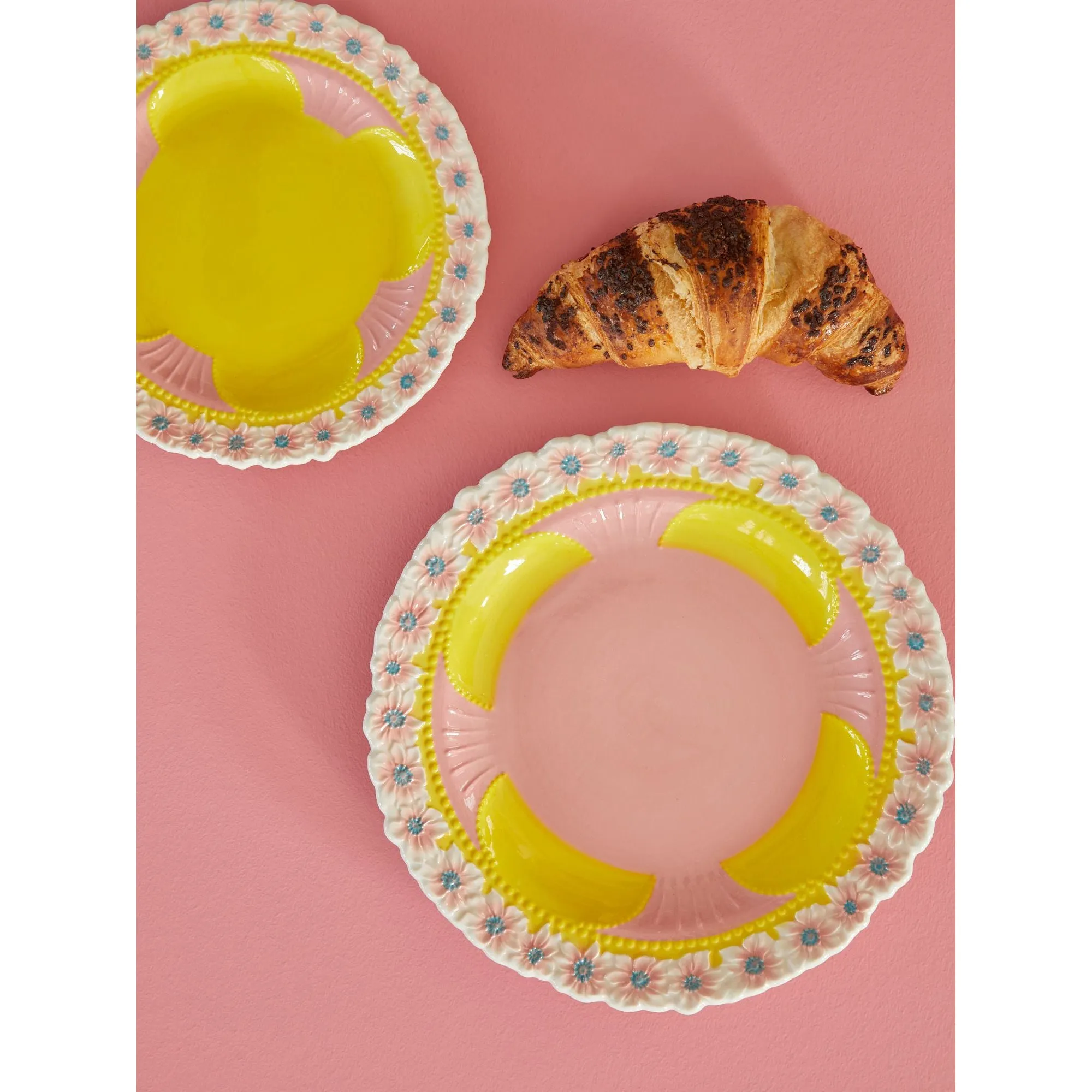 Rice DK Ceramic Dinner Plate with Embossed Flower Design - Yellow