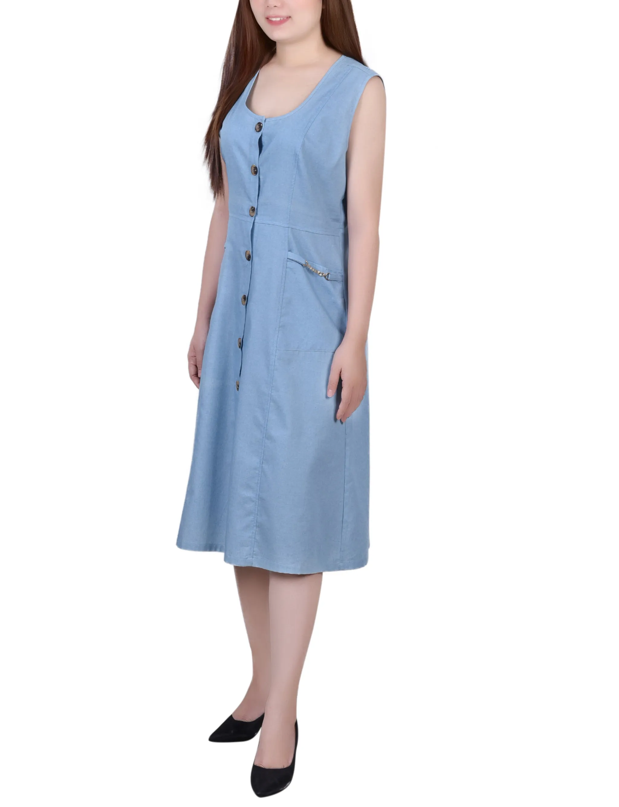 Sleeveless Chambray Dress With Chain Details