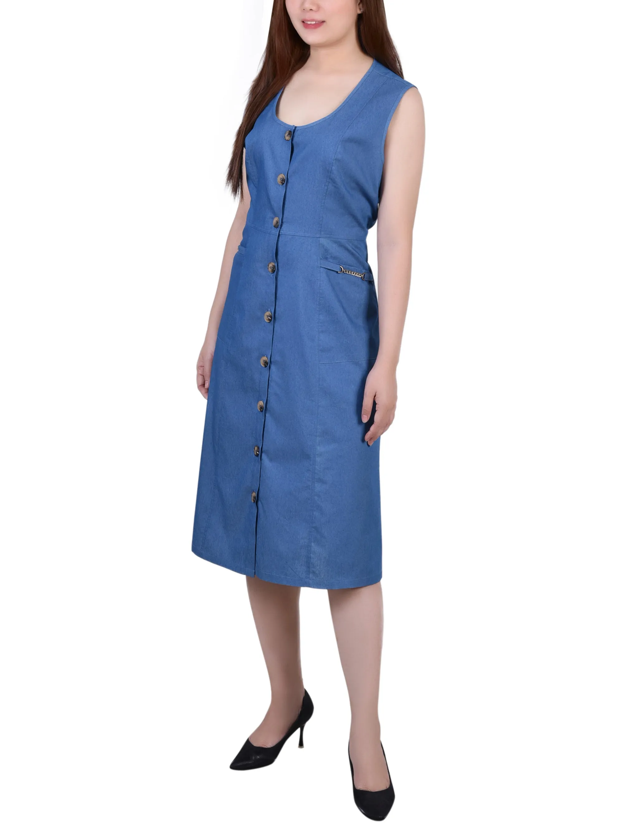Sleeveless Chambray Dress With Chain Details
