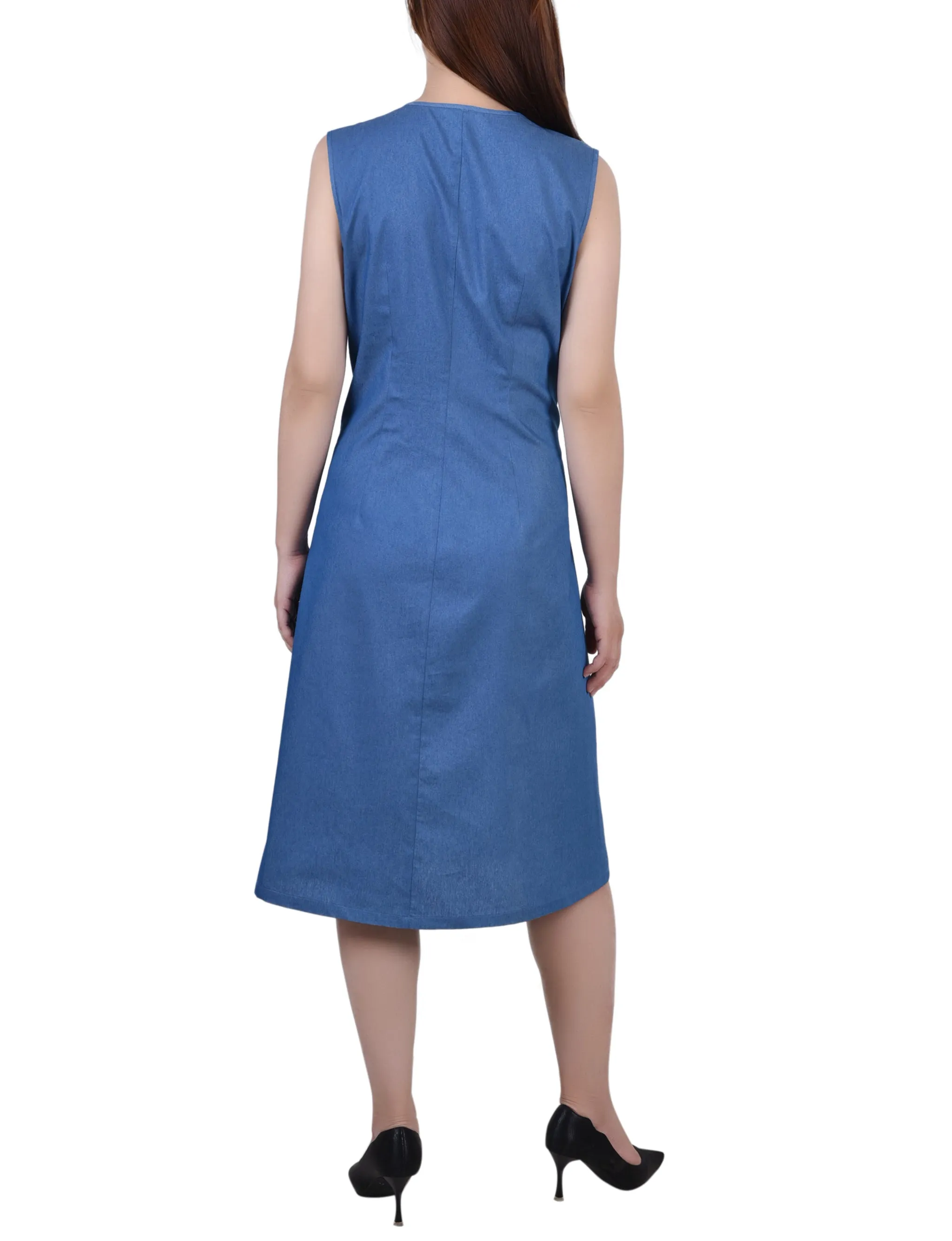 Sleeveless Chambray Dress With Chain Details