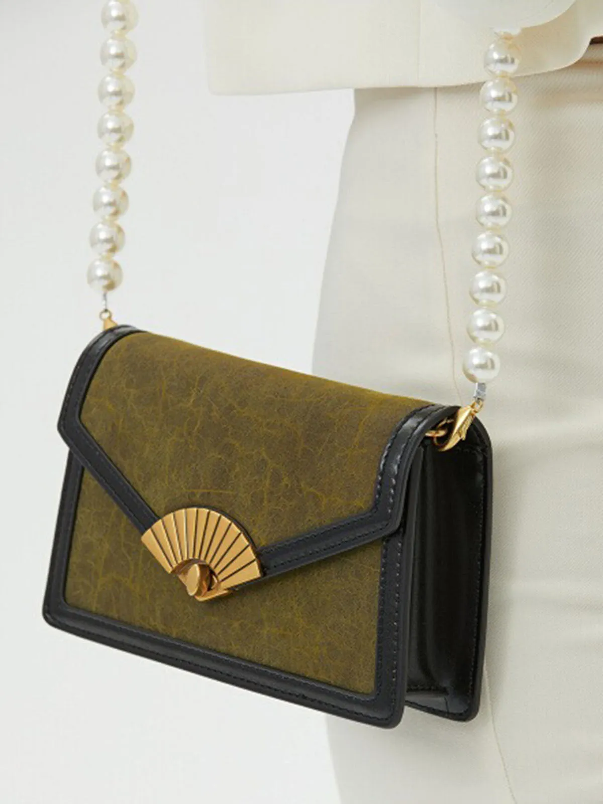 Smting | pearl chain mini flap bag with Folding Fan Lock