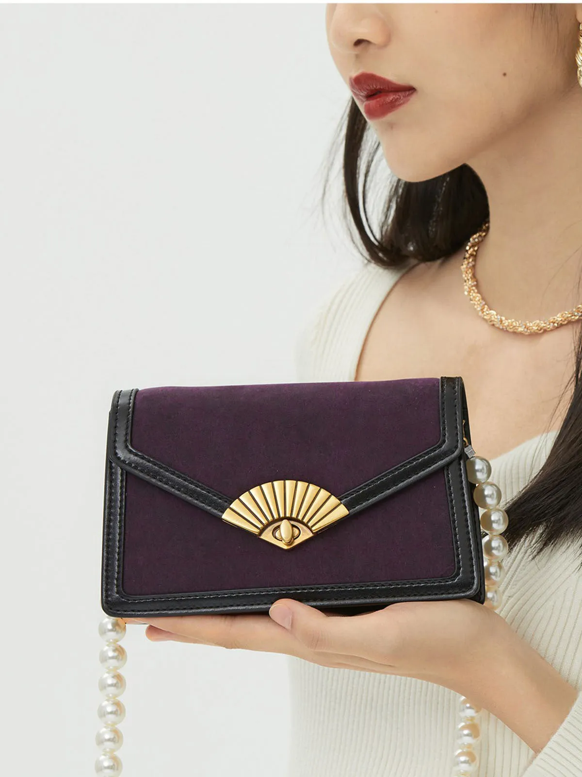 Smting | pearl chain mini flap bag with Folding Fan Lock