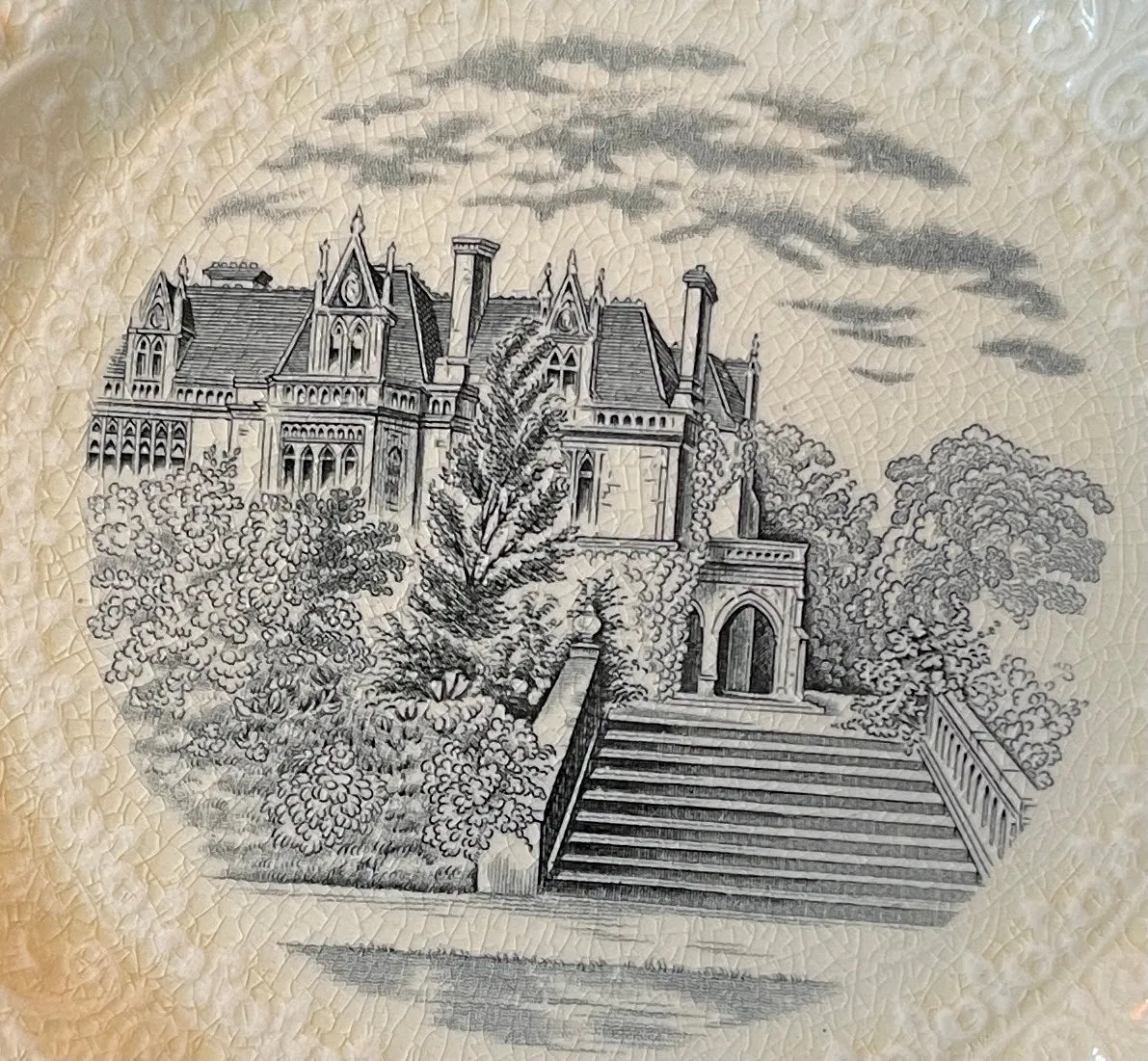Square Black Transfer printed Creamware Plate Aldworth Surrey Home of Tennyson Scrolled Relief Border