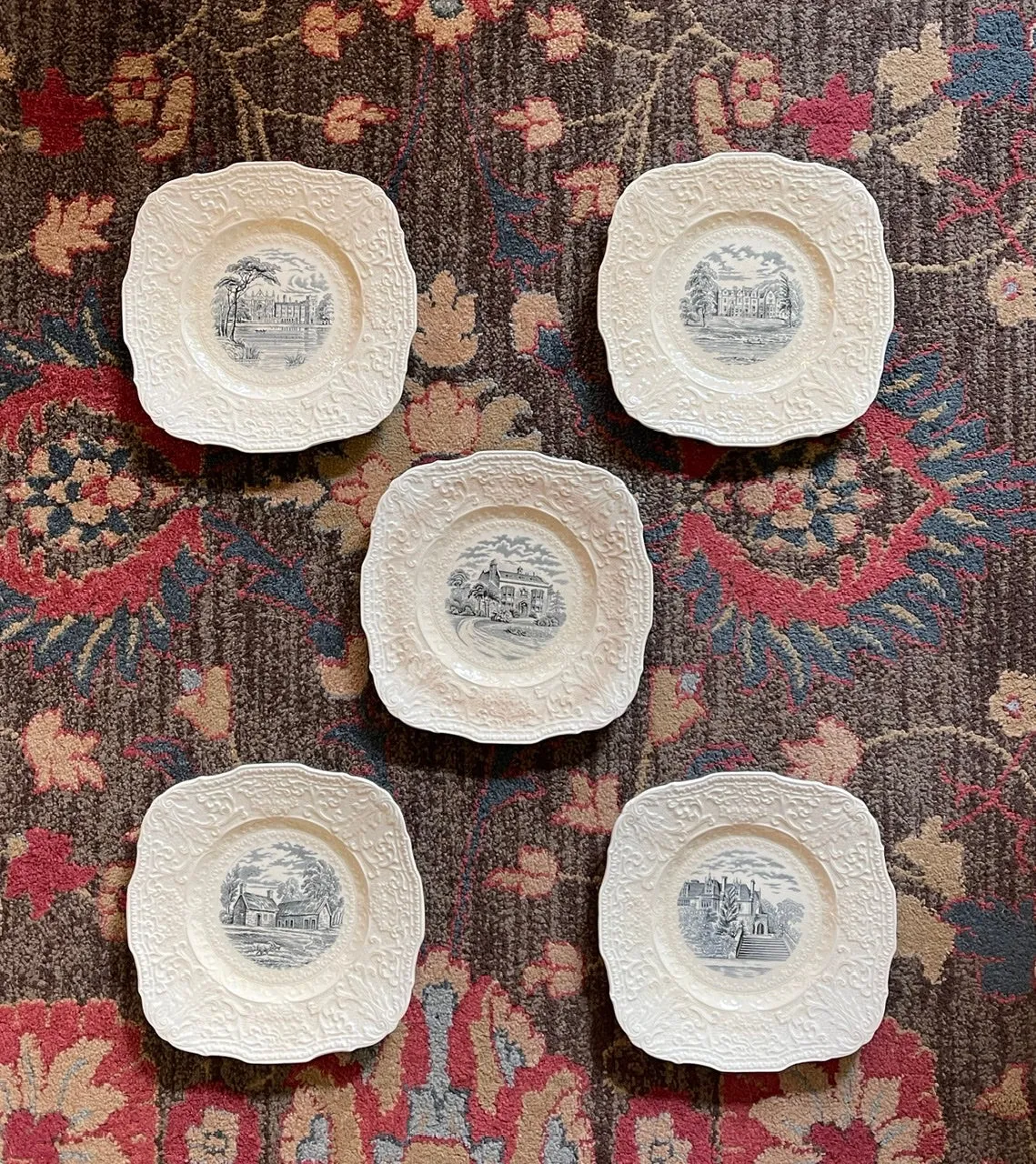 Square Black Transfer printed Creamware Plate Aldworth Surrey Home of Tennyson Scrolled Relief Border