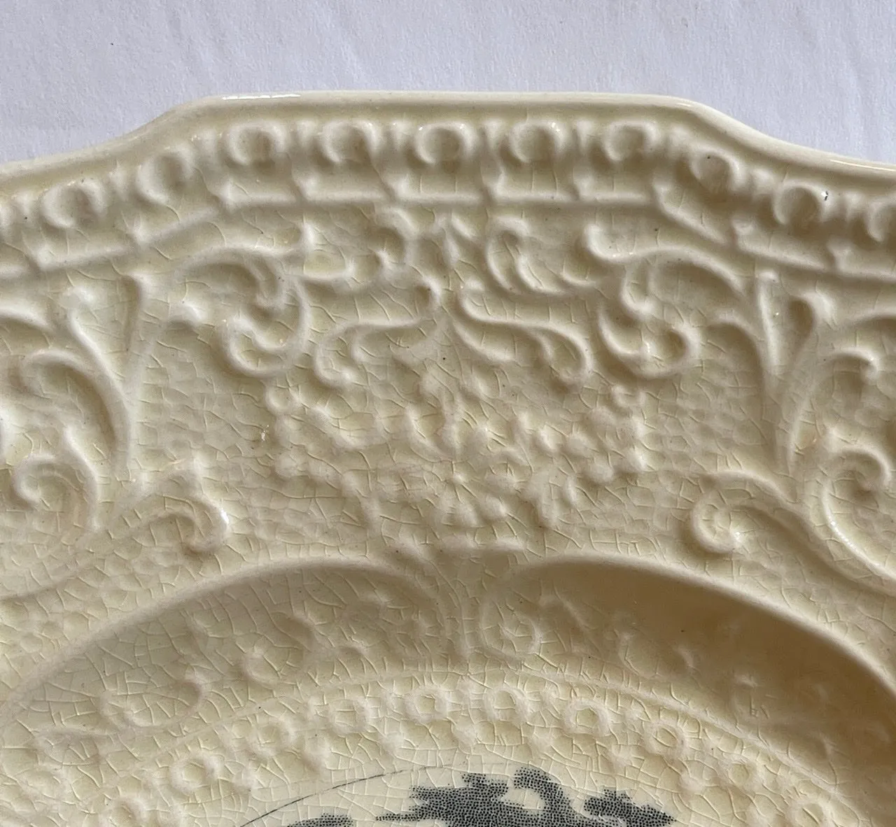 Square Black Transfer printed Creamware Plate Aldworth Surrey Home of Tennyson Scrolled Relief Border